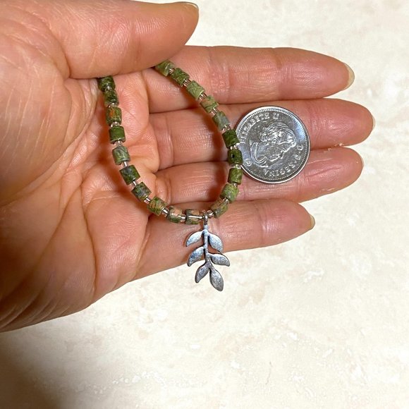 Cute Unakite Stone Silver Leaf Branch Necklace, Genuine Gemstone Beaded Necklace - Picture 9 of 9